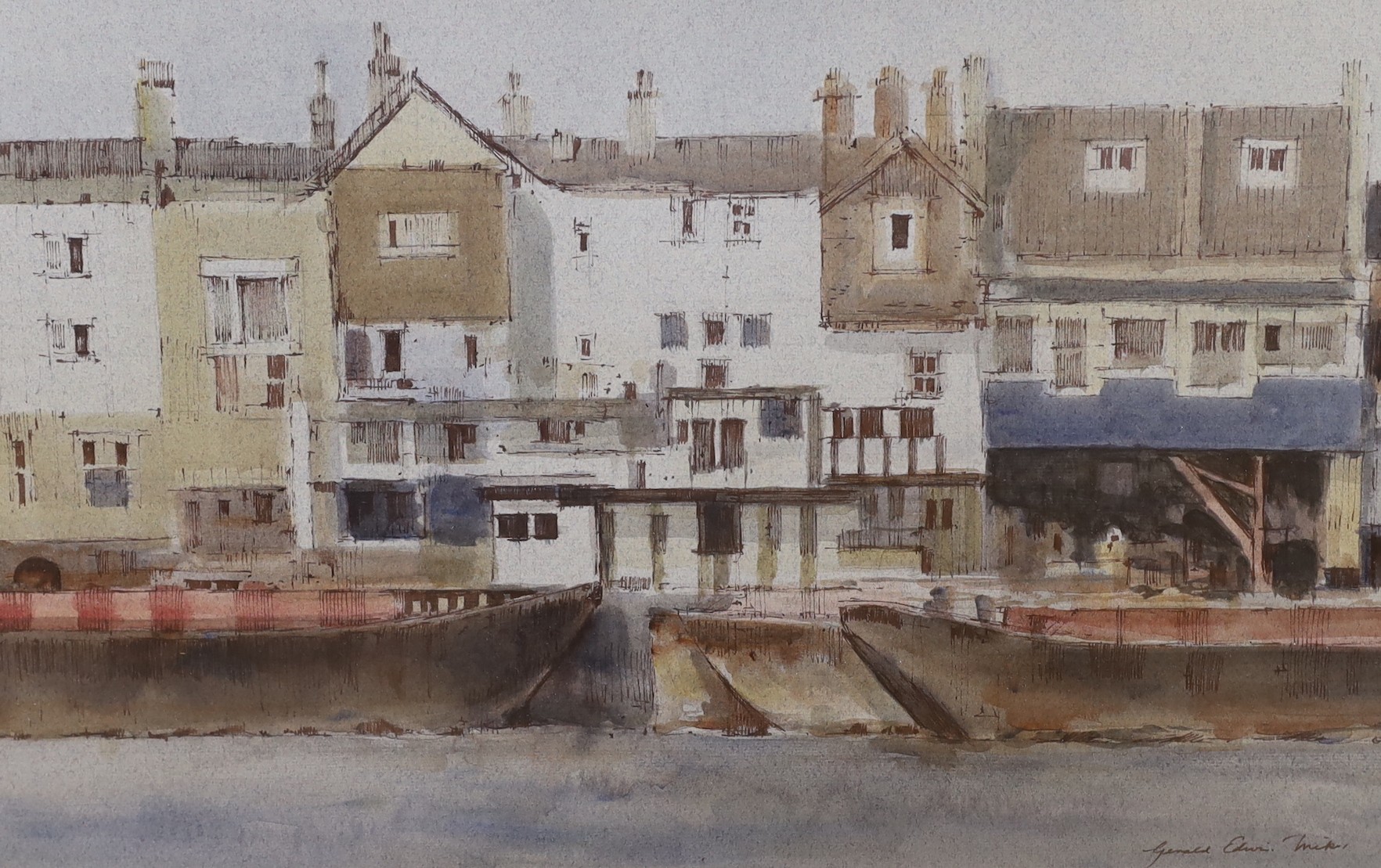 Gerald Edwin Tucker (1932-), ink and watercolour, Woodside barges, signed, 35 x 55cm and an ink and watercolour study, 'The Baths of Discletian, Rome', 61 x 48cm